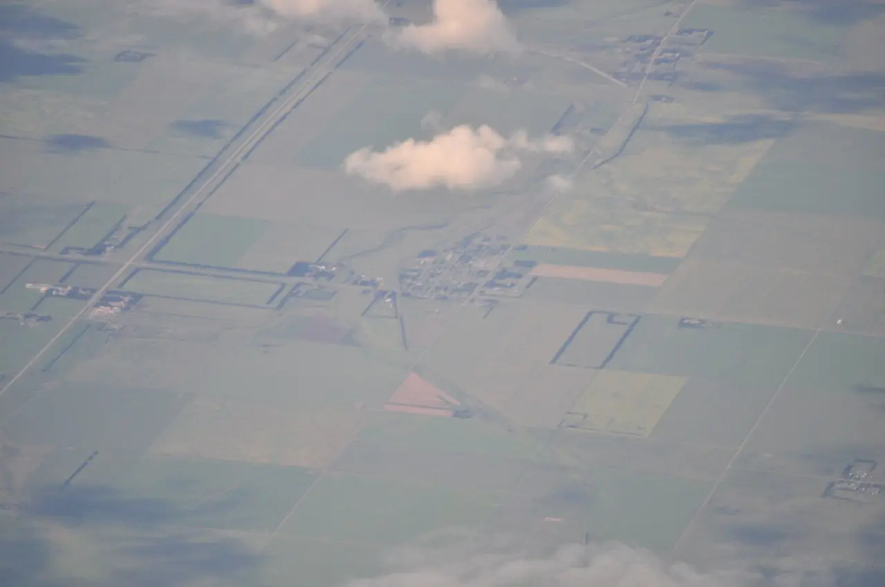 Aerial view of Wymark and surrounding farmland, 2013